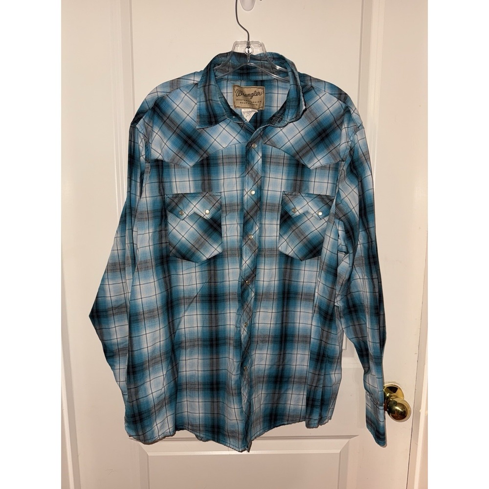 Wrangler Western Pearl Snap Button Long Sleeve Shirt Teal & Black Plaid‎ XL
